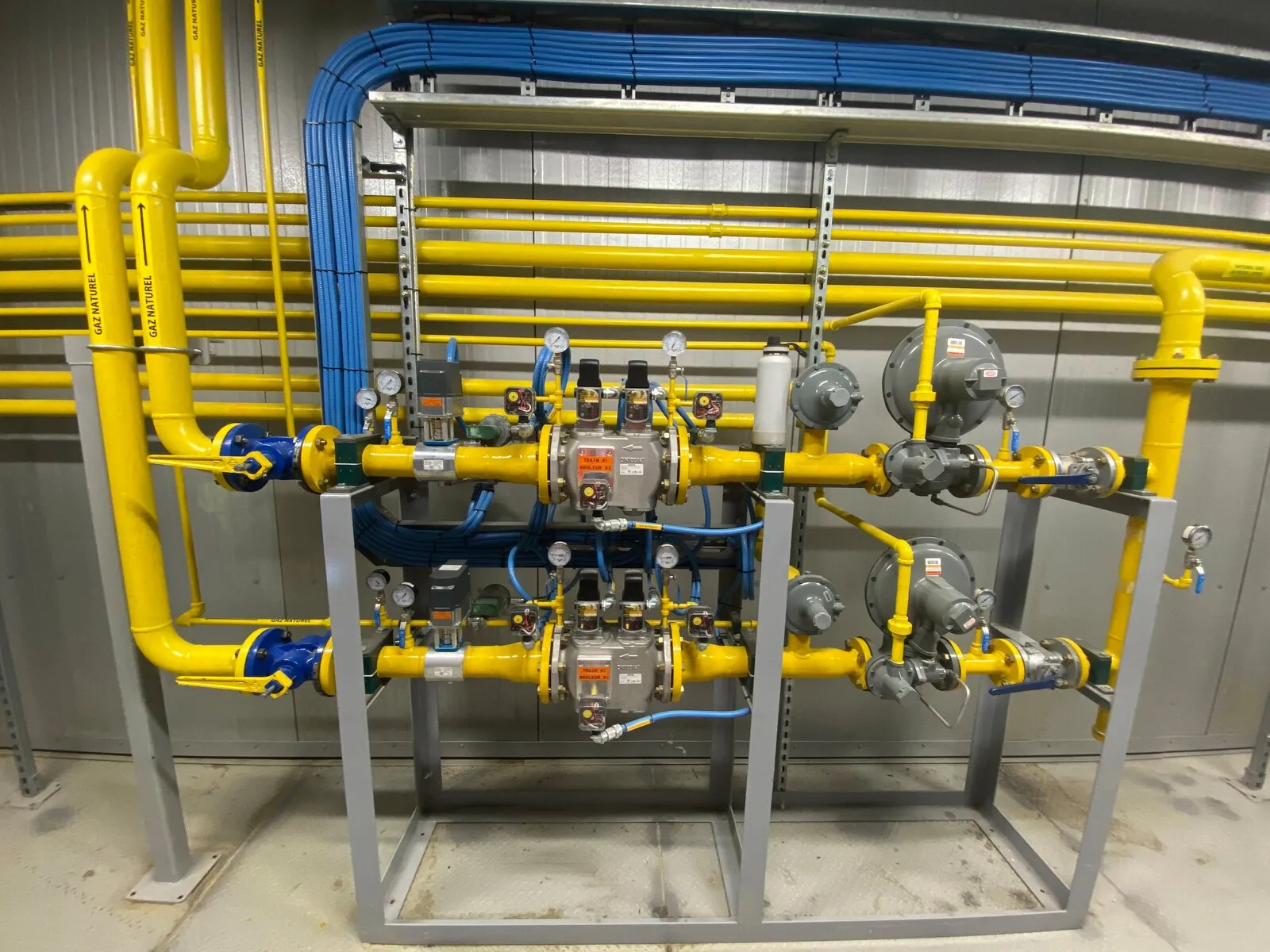 Gas train skid with dual regulator runs installed during a fuel conversion