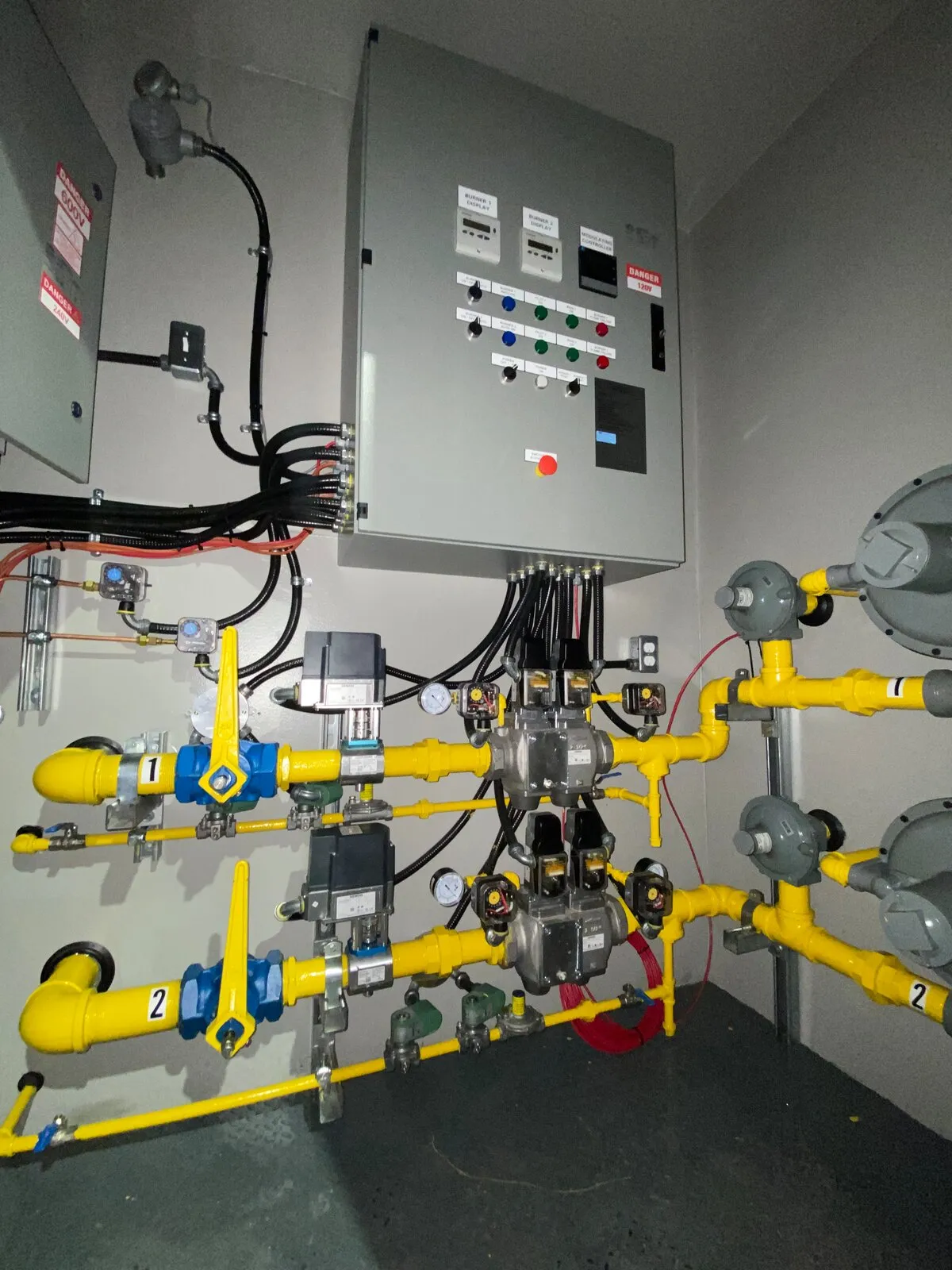 Burner management panel wired to two independent gas trains