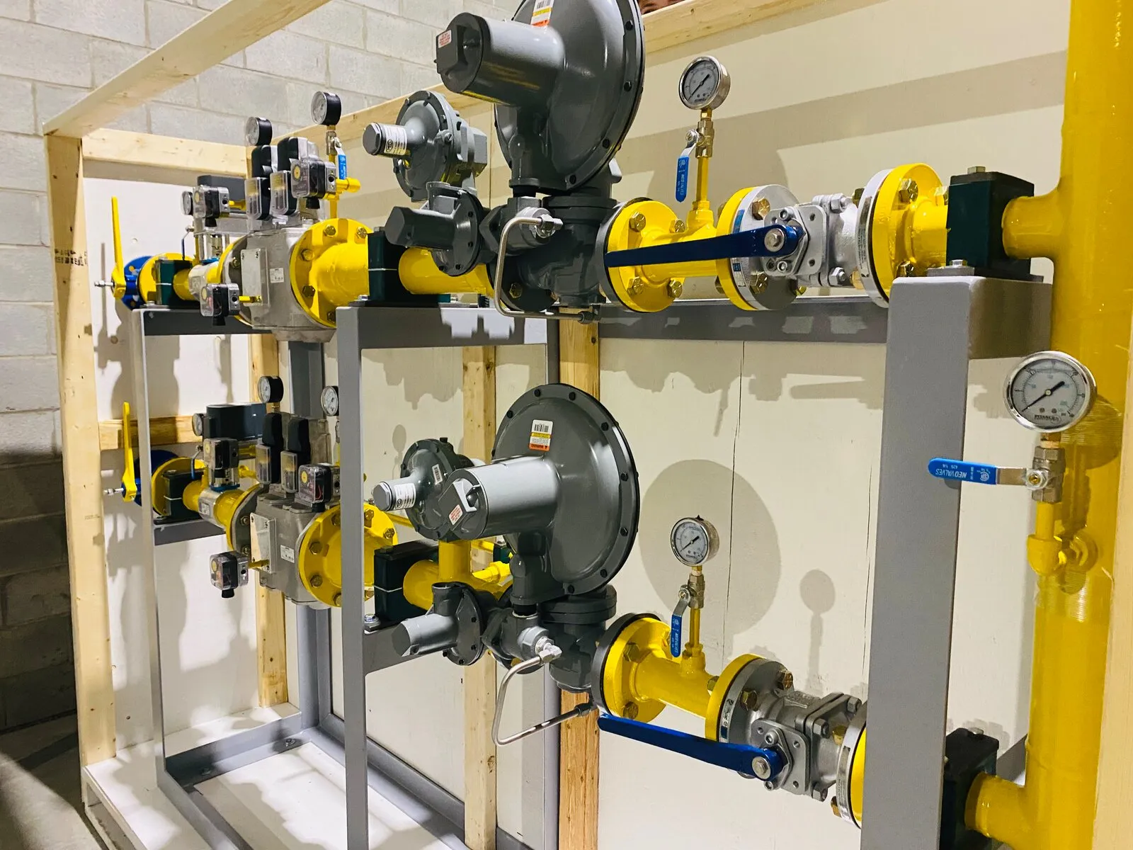 Gas train skid crated and ready to ship for an on-site upgrade